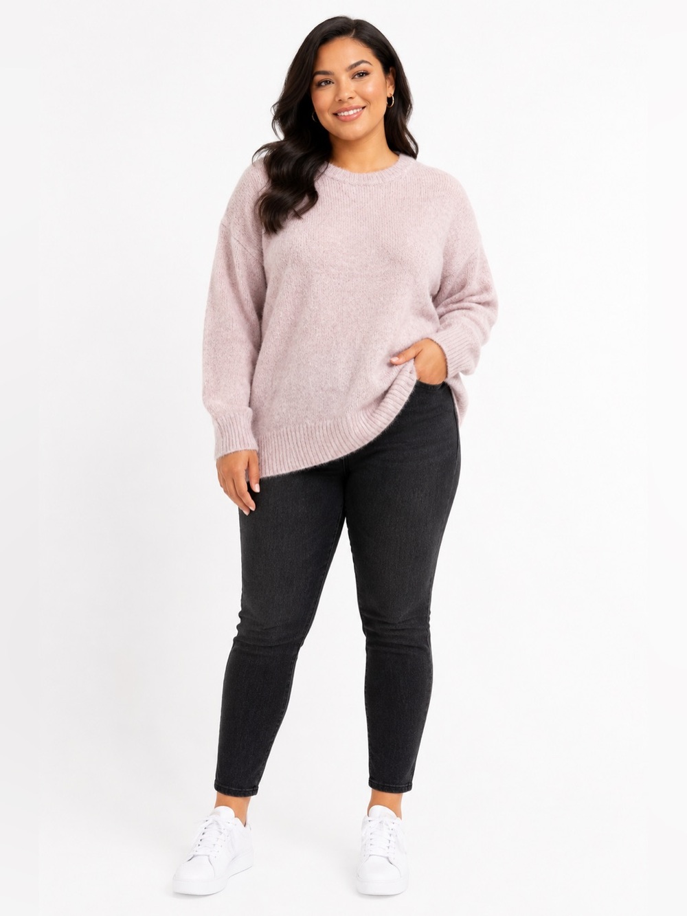 Pink sweater crewneck long sleeve top pullover high low ribbed